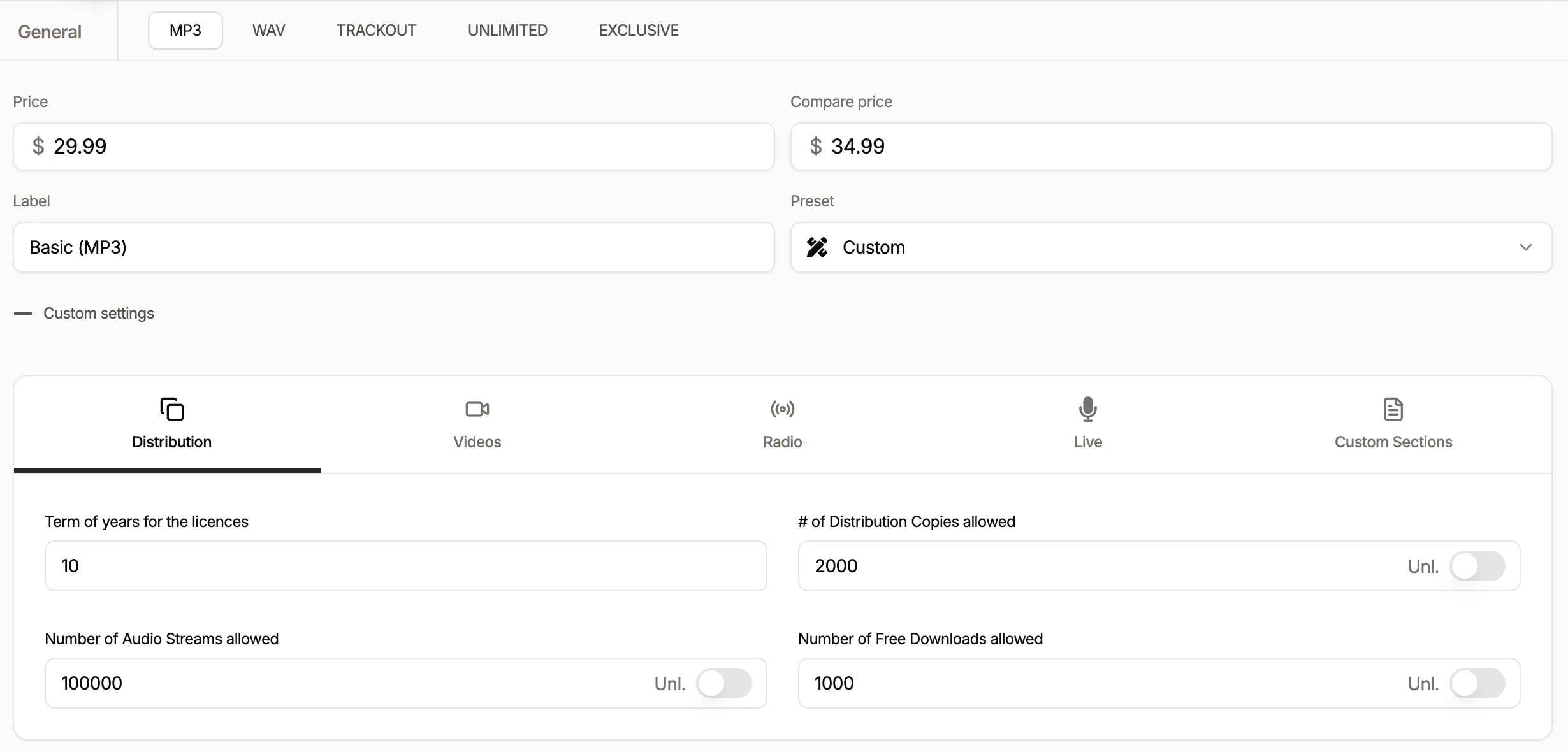 Current SoundSeam MP3 licence editor with editable pricing and usage limits
