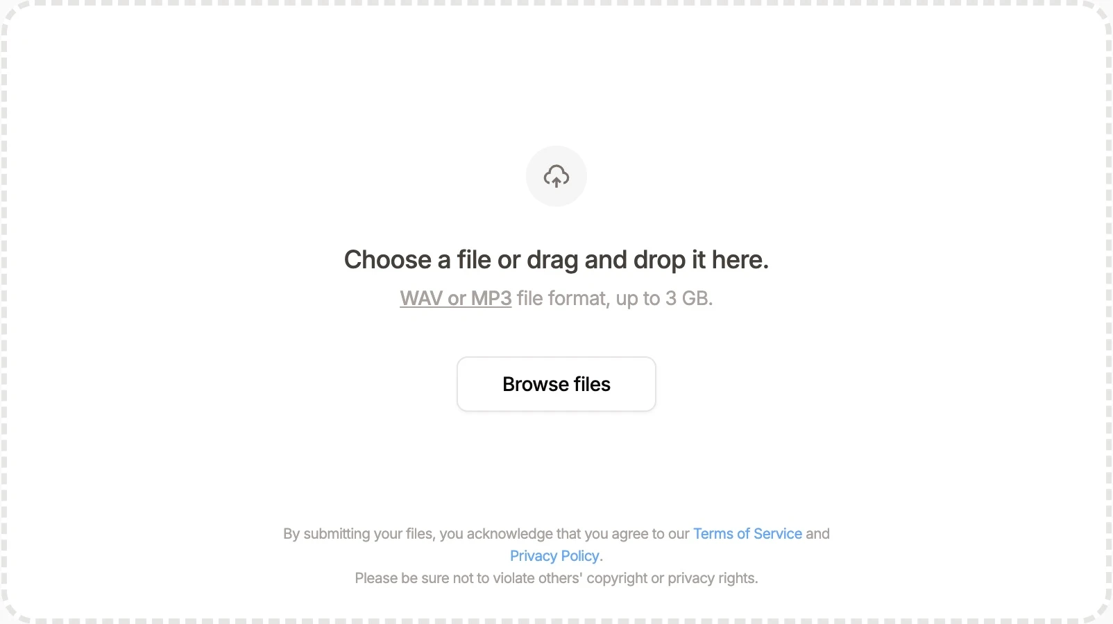 Current SoundSeam uploader accepting WAV or MP3 files up to 3 GB